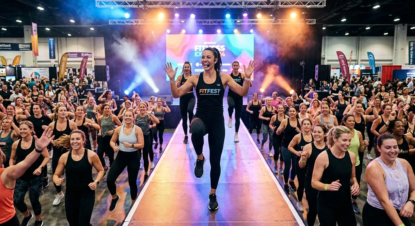 Group fitness class demonstration at an expo with instructor