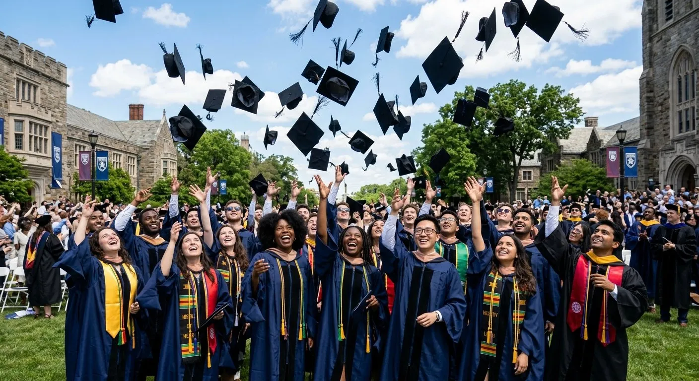 University graduates tossing their caps in the air in celebration