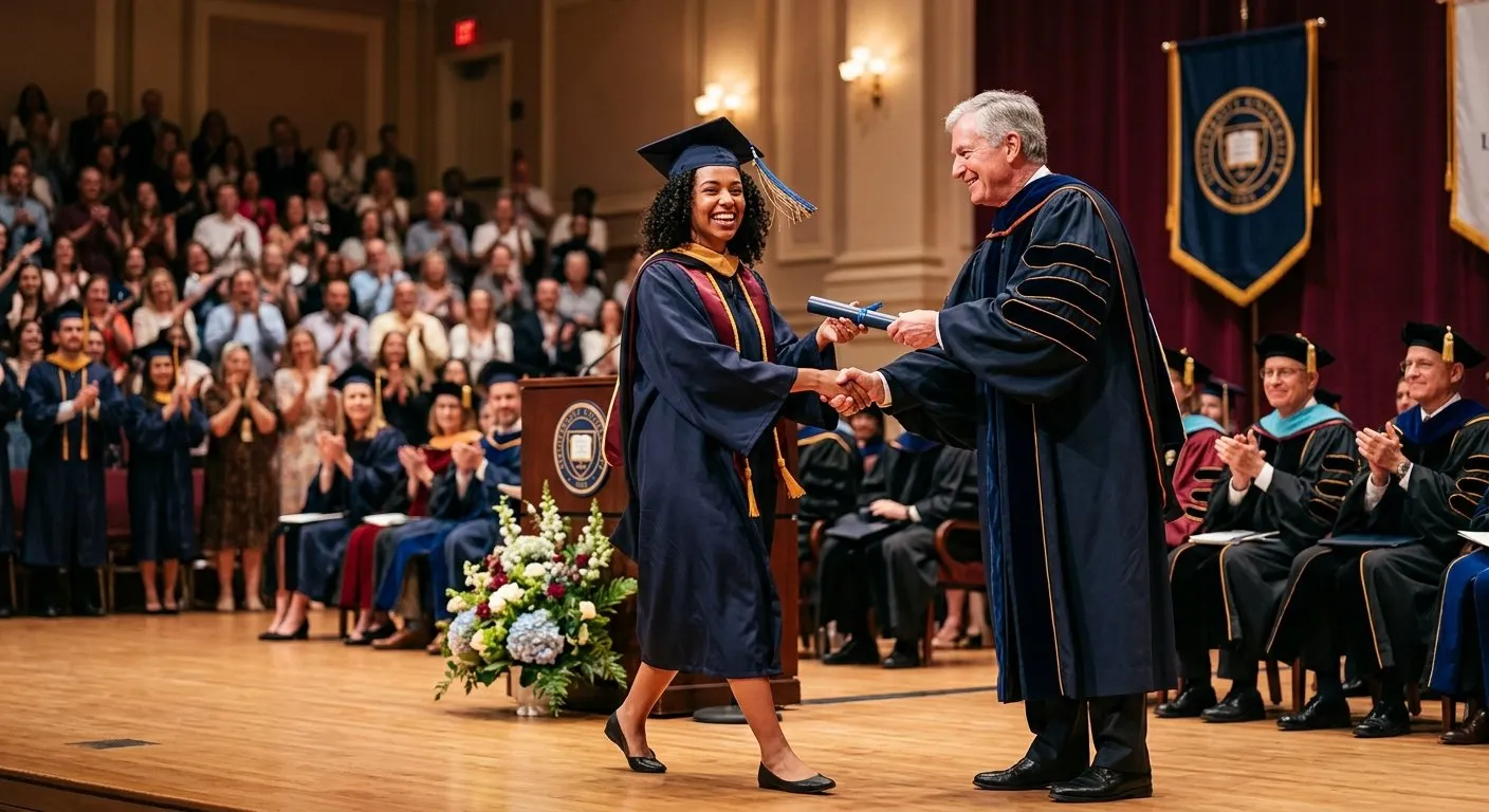 Graduate walking across stage to receive diploma from the dean