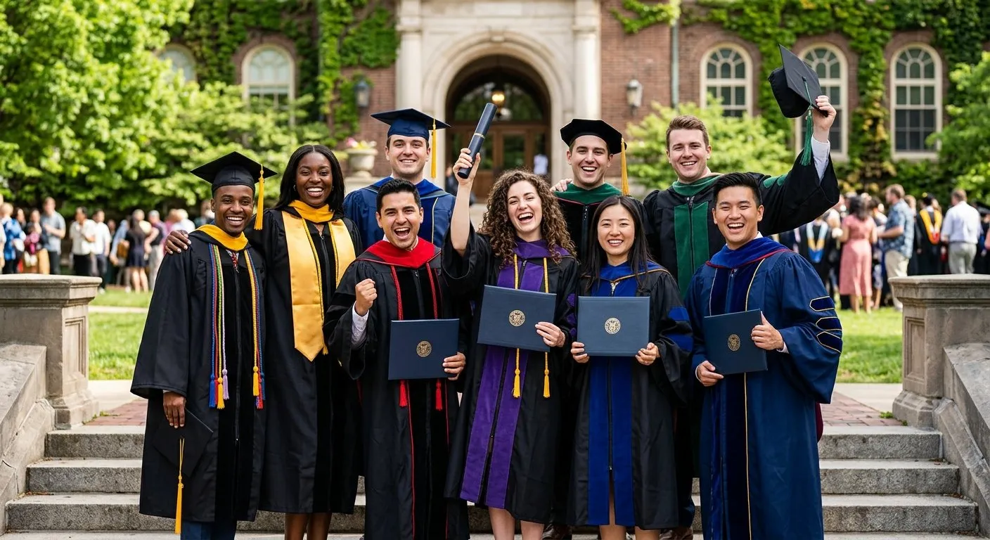 Happy graduates posing together with diplomas in academic regalia