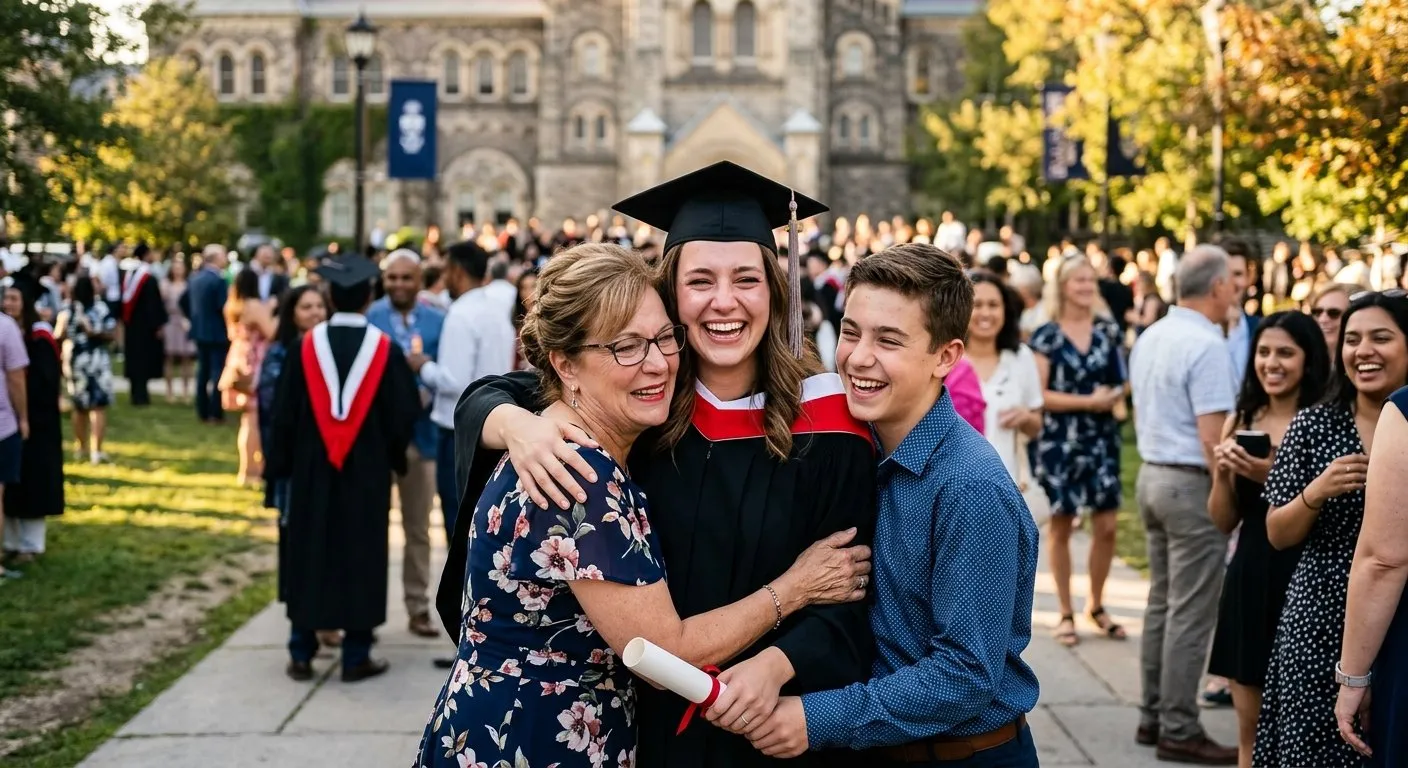 Graduate hugging family after a convocation ceremony
