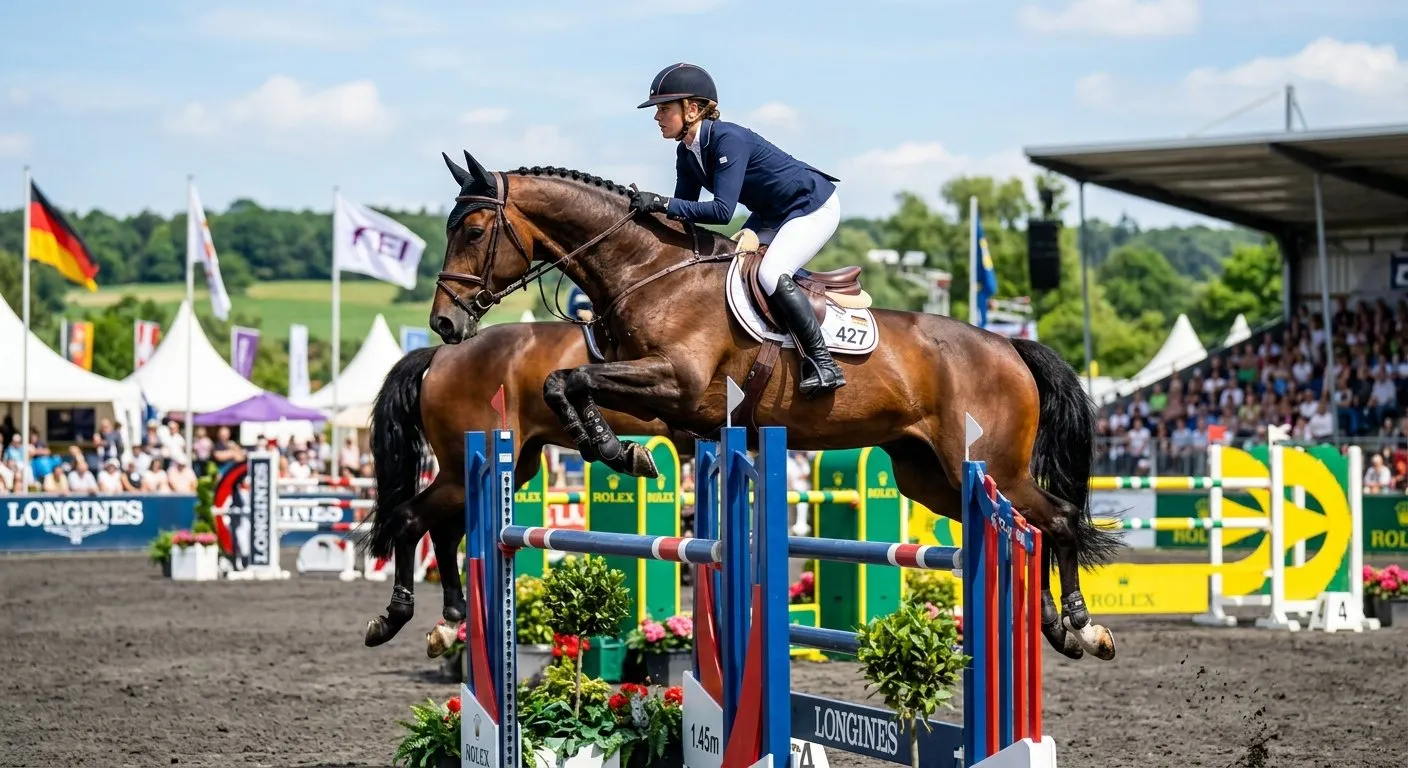 Equestrian rider on horseback jumping over a show jumping fence