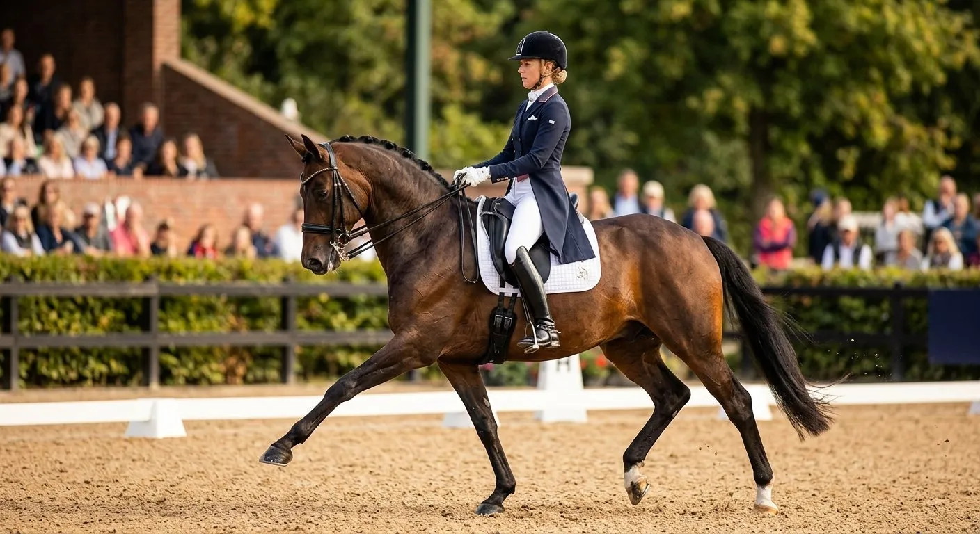 Dressage rider performing an elegant movement in an arena