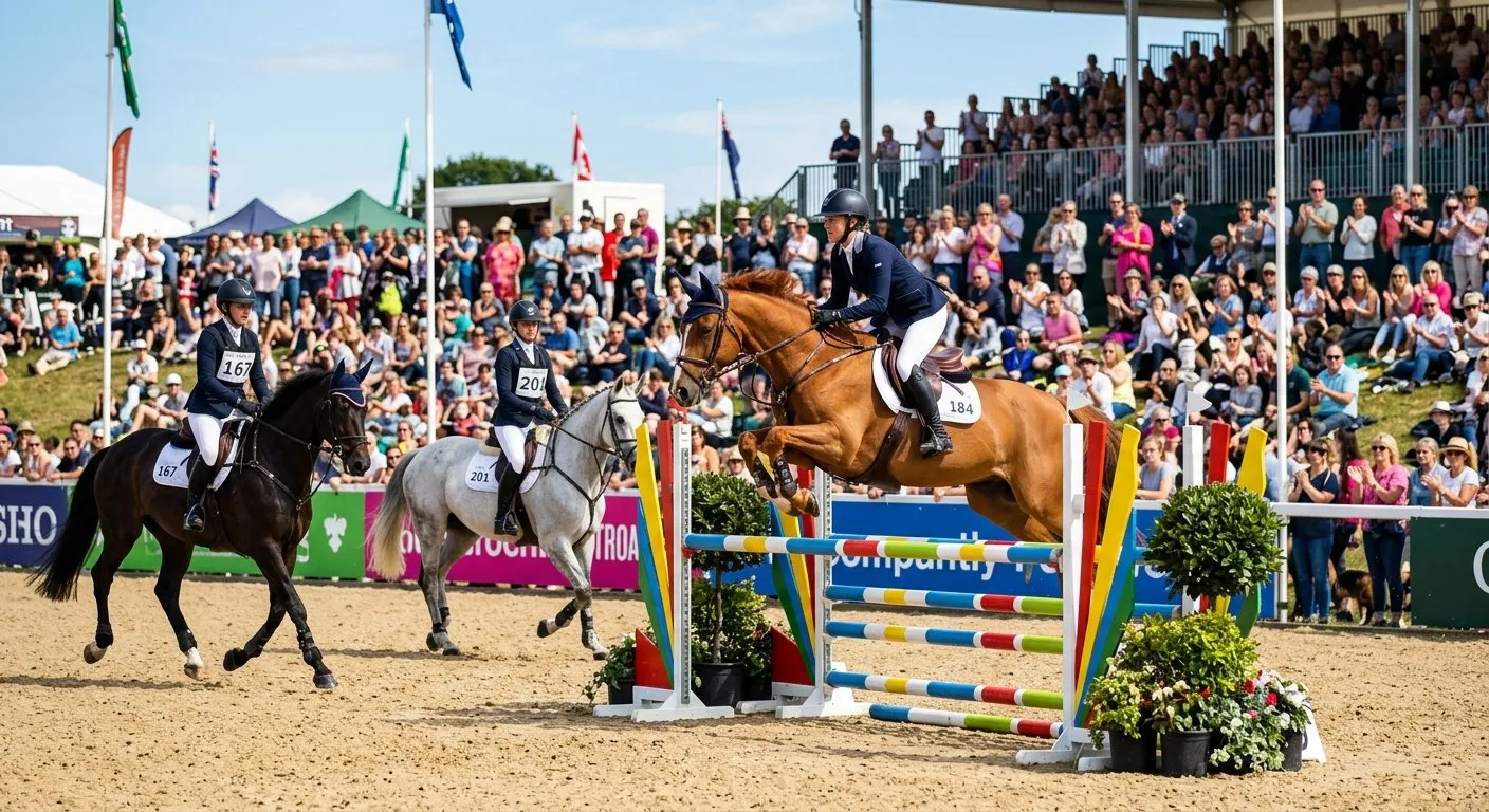 Riders on horseback at an equestrian event arena with spectators