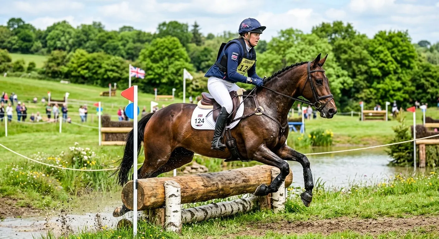 Rider and horse cantering through a cross-country eventing course