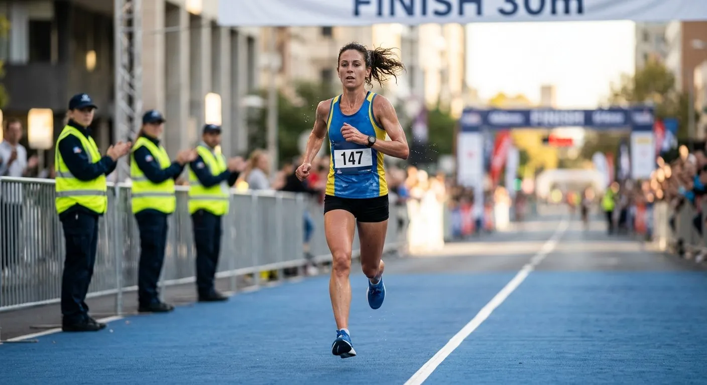 Marathon runner sprinting through the finish straight with sparse spectators in the background