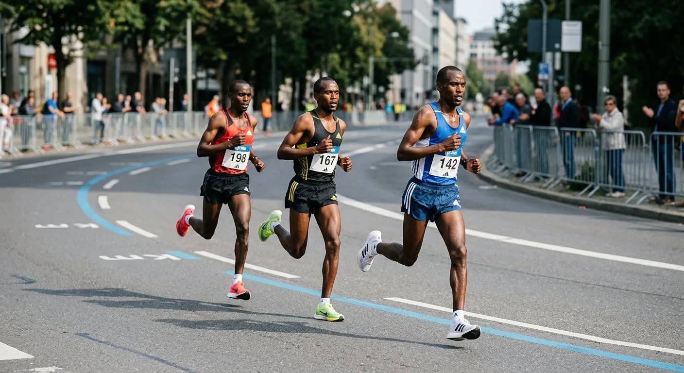 Three marathon leaders running through a city street race with sparse spectators