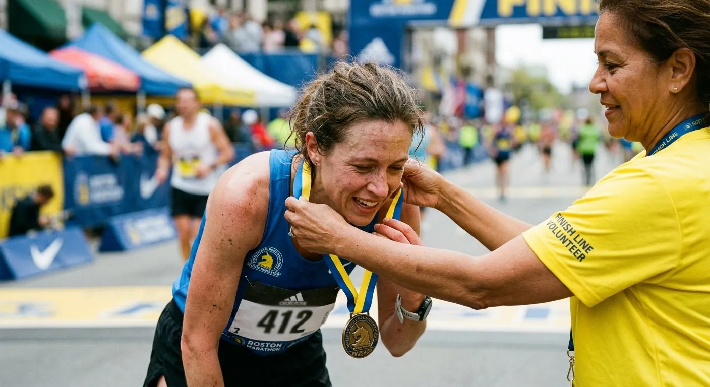 Runner receiving a finisher medal during a candid marathon finish-line moment
