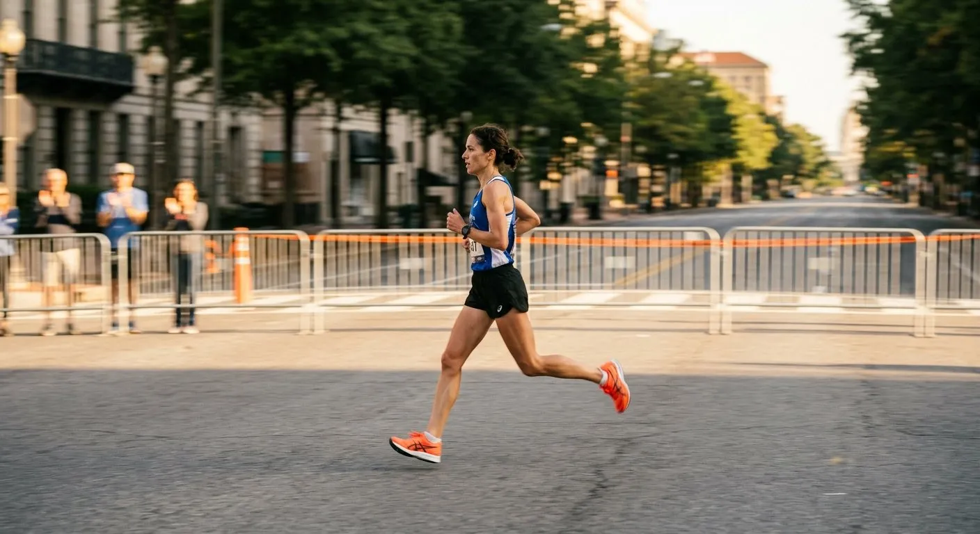 Side-on marathon runner panning shot on an open boulevard with distant spectators