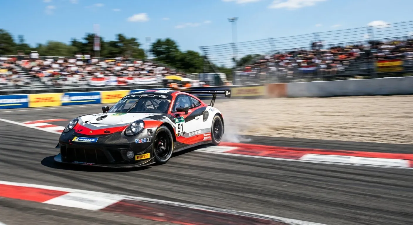 Race car speeding through a turn on a professional race track