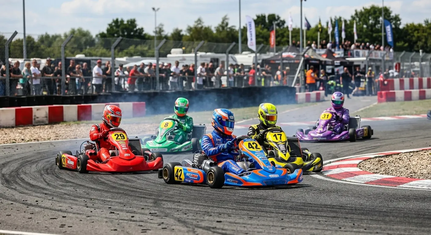Go-kart racing with drivers battling for position on a track