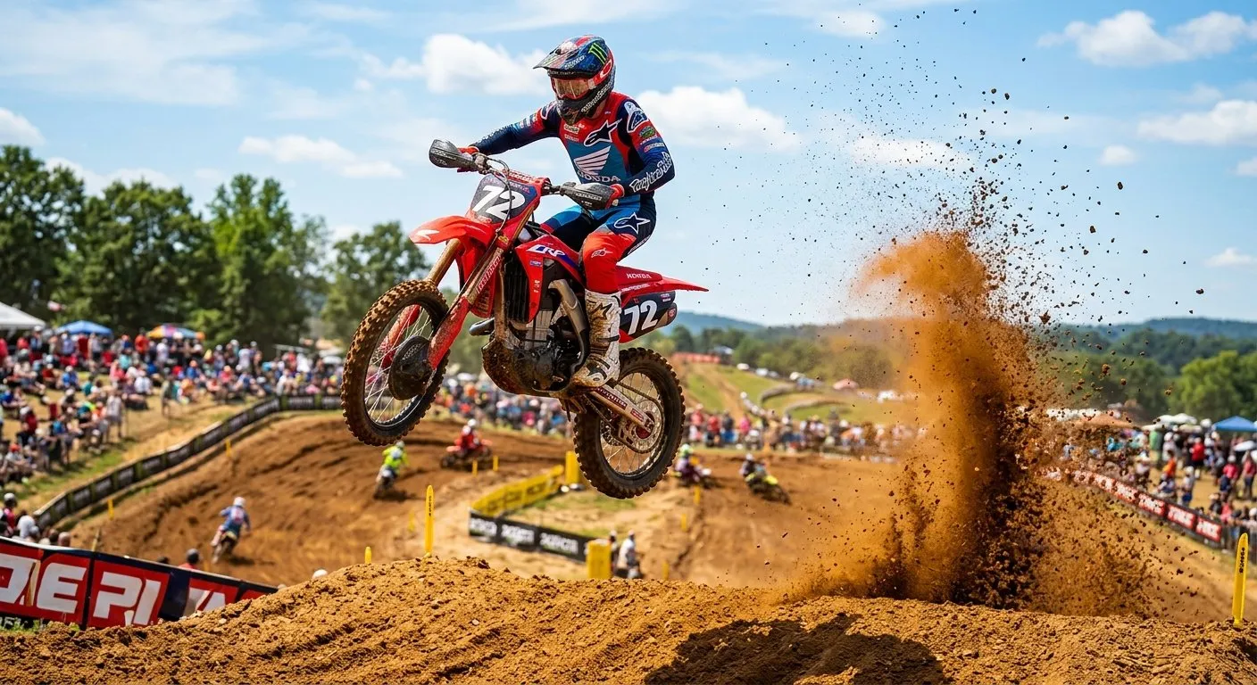 Motocross rider catching air off a jump on a dirt track
