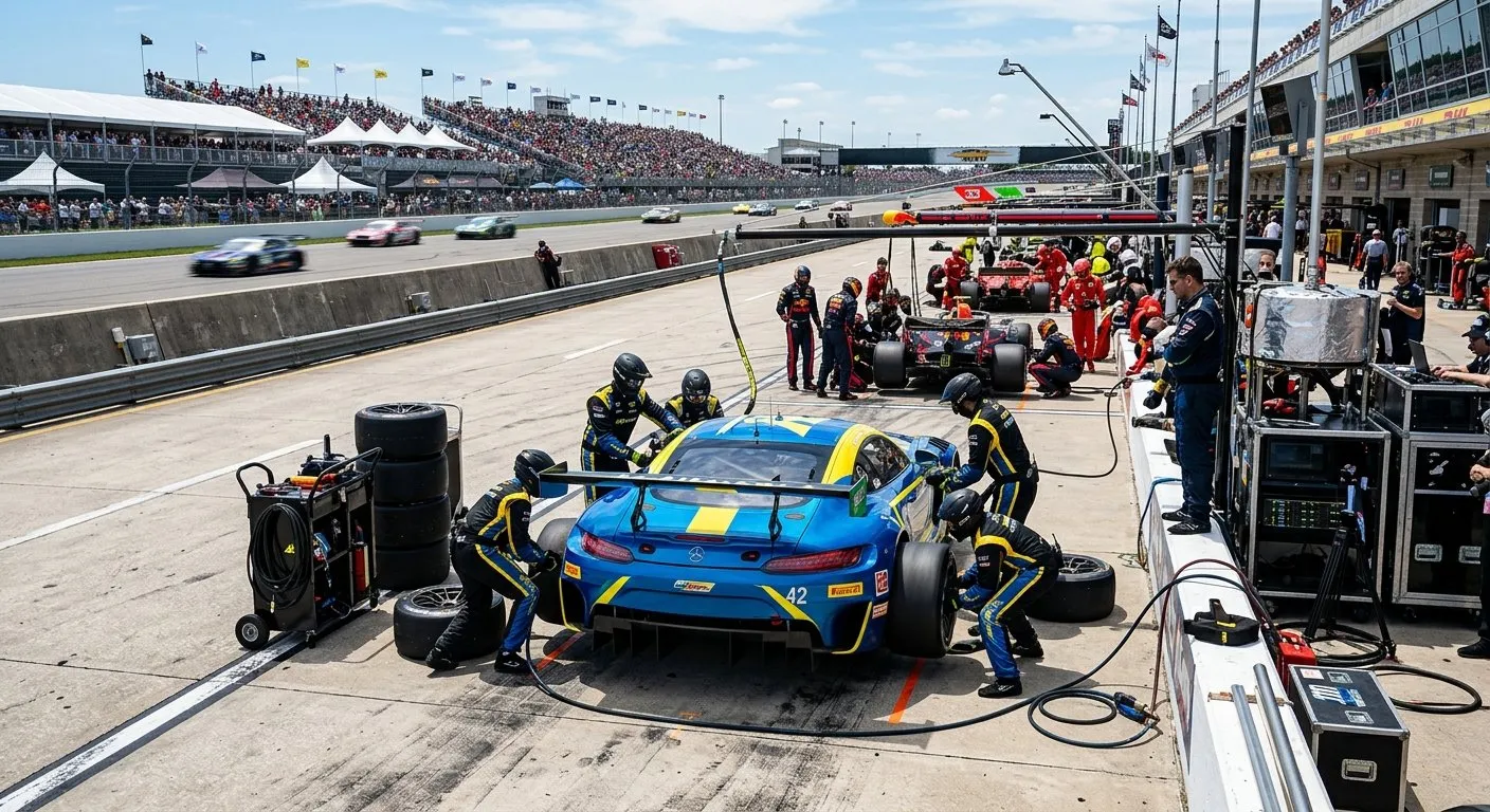 Pit lane activity at a motorsports event with mechanics working