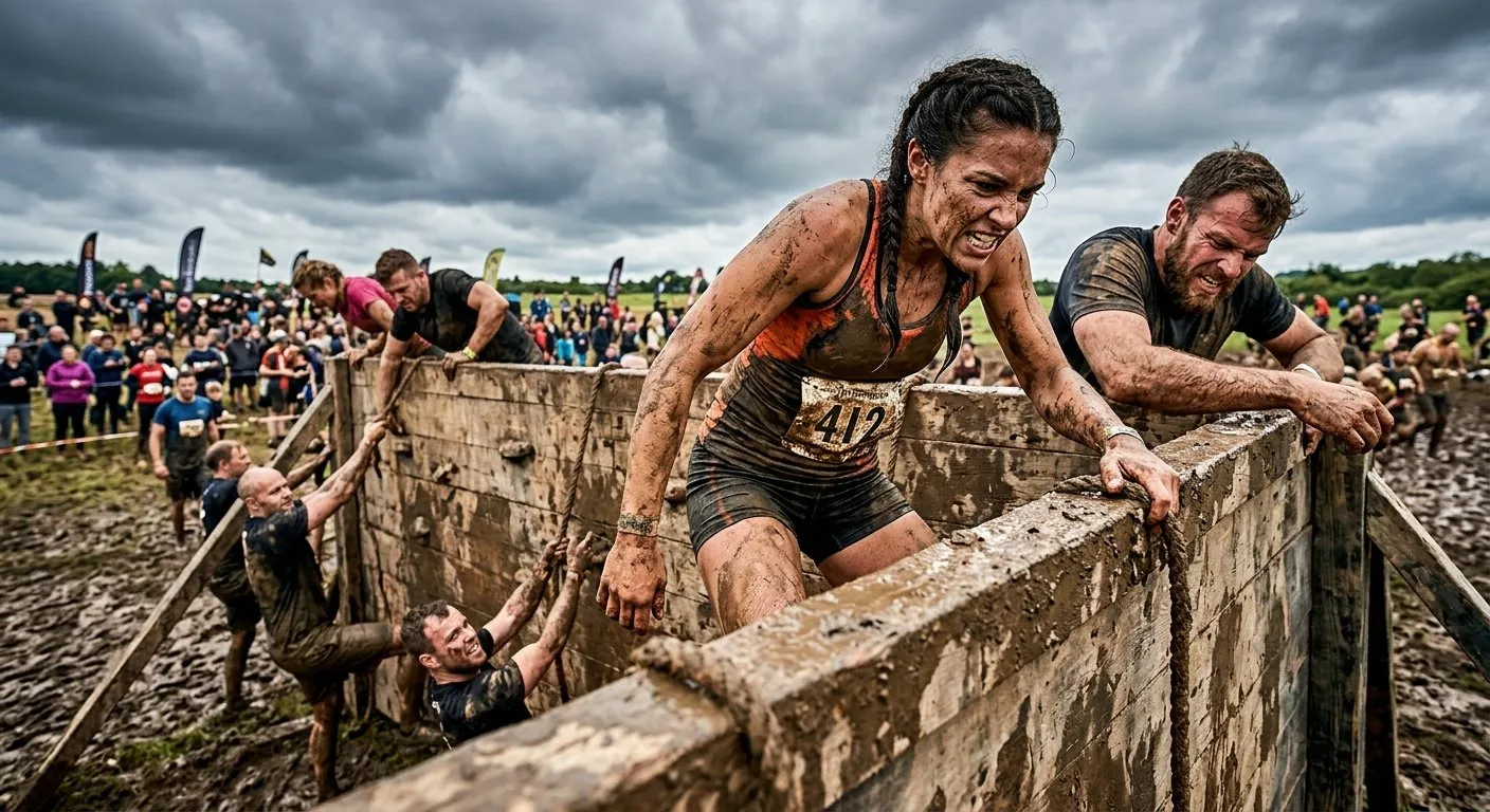 Mud run participants climbing over a wall obstacle covered in mud