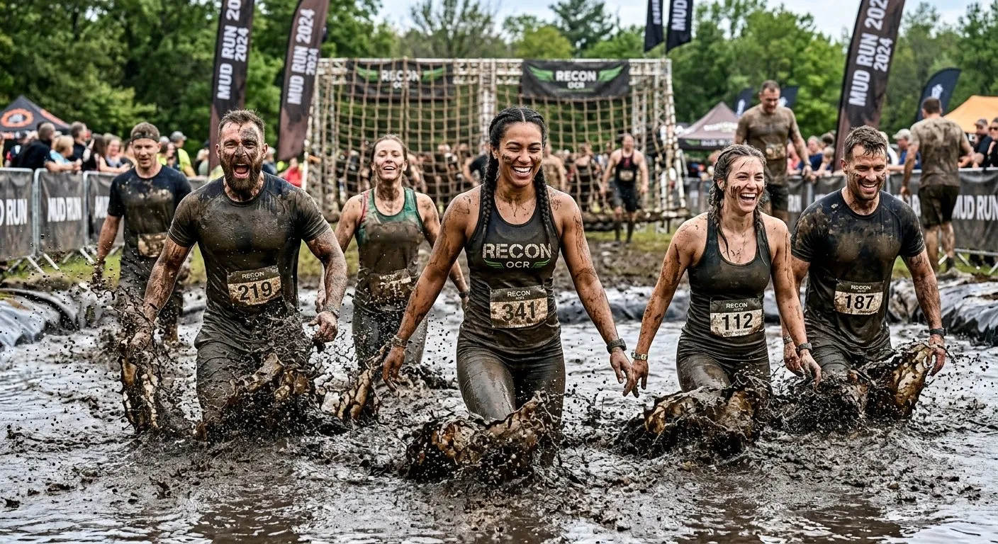 OCR runners splashing through a muddy water pit obstacle