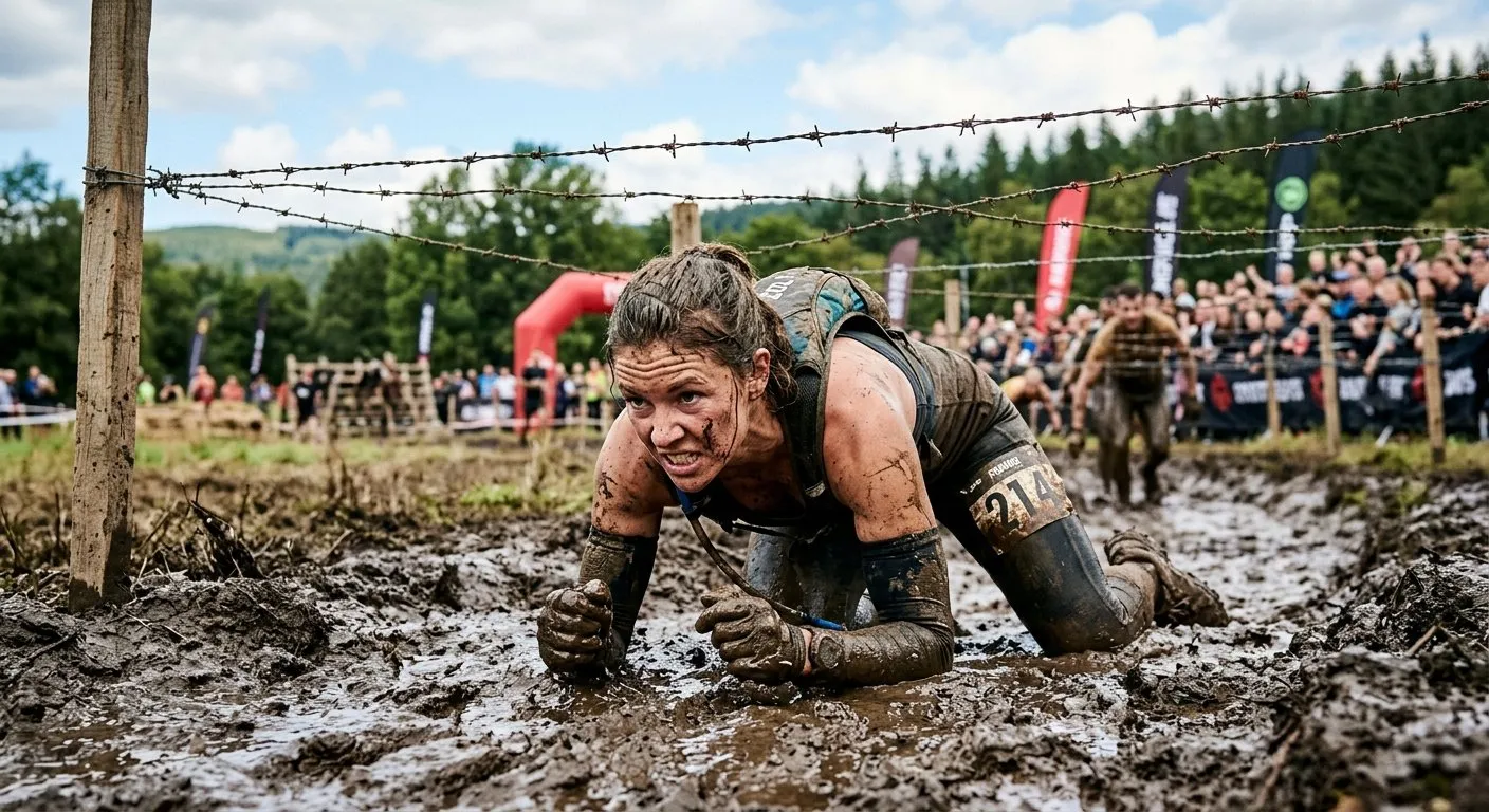 Obstacle course racer crawling under barbed wire through mud