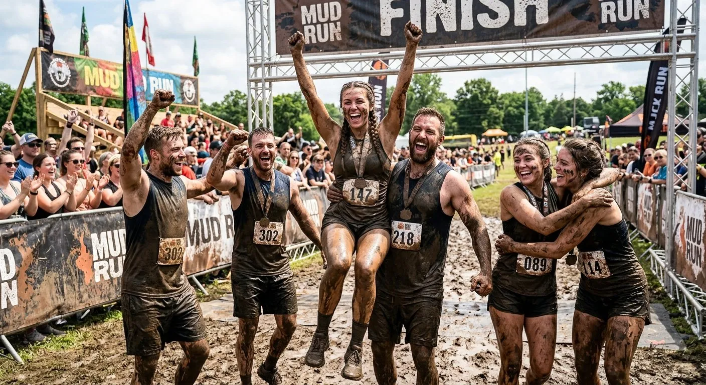 Mud run participants celebrating at the finish line covered in mud