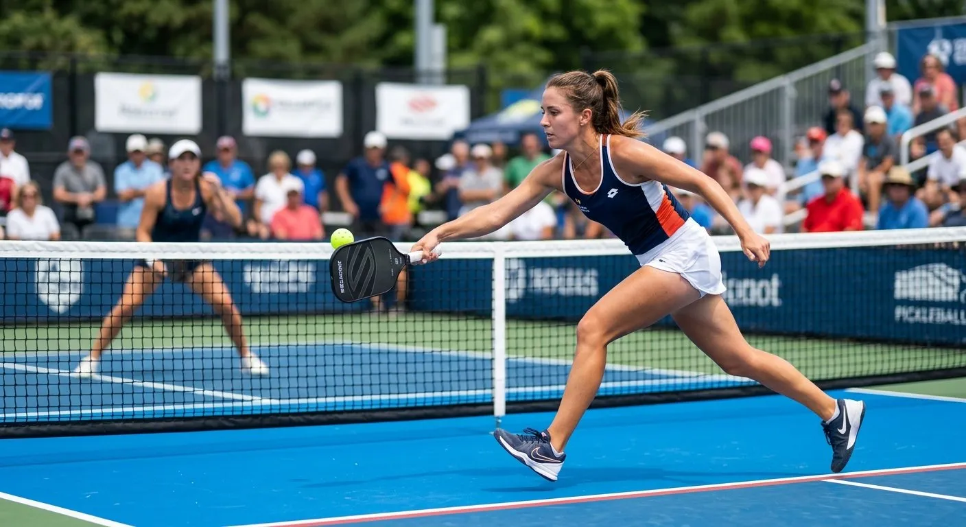 Pickleball player hitting a volley at the net during a tournament