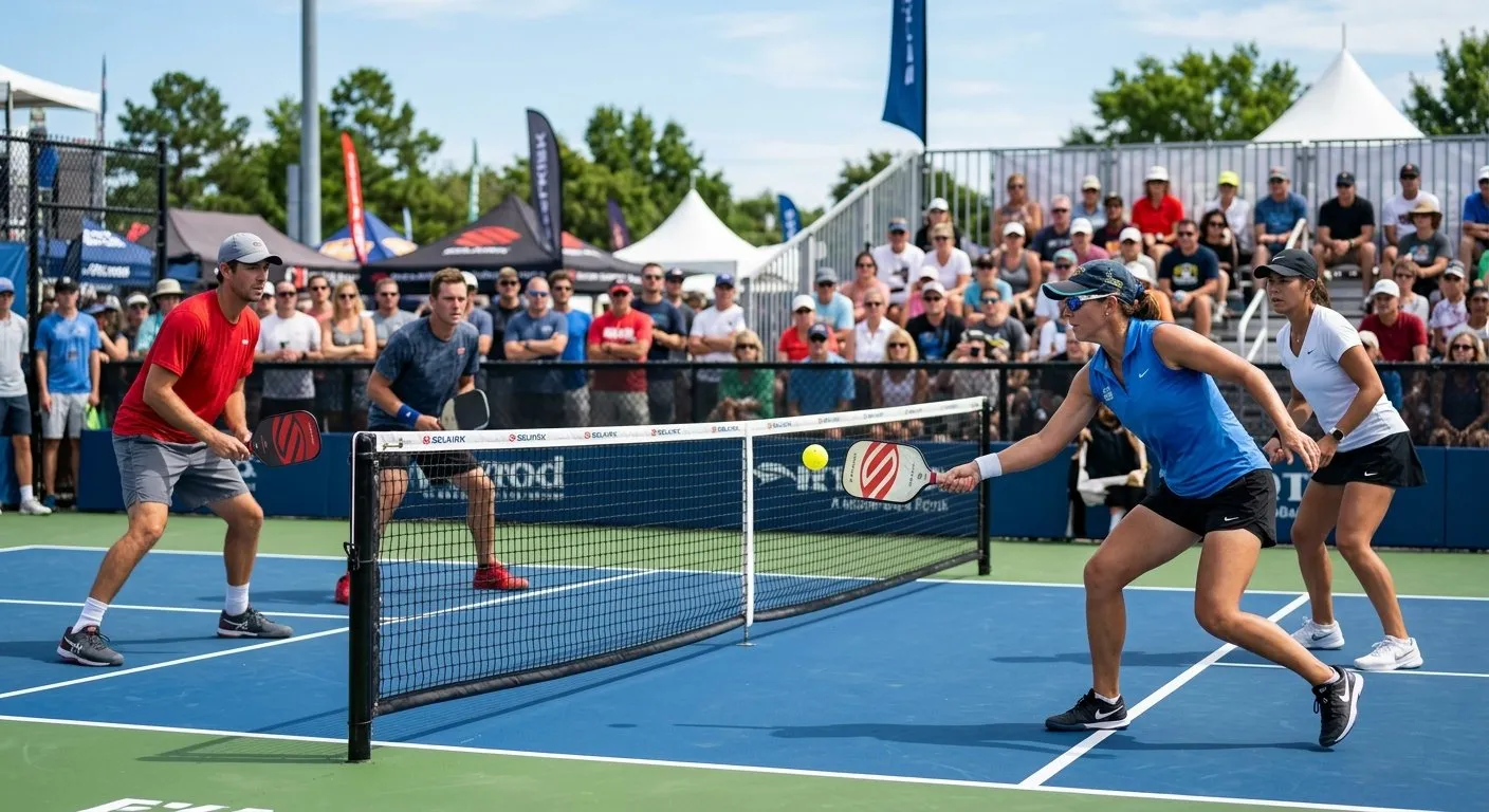 Doubles pickleball match in action at a tournament with spectators
