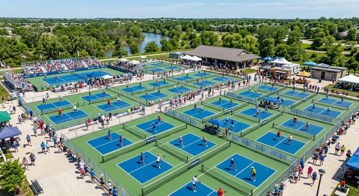 Pickleball tournament venue with multiple courts in action