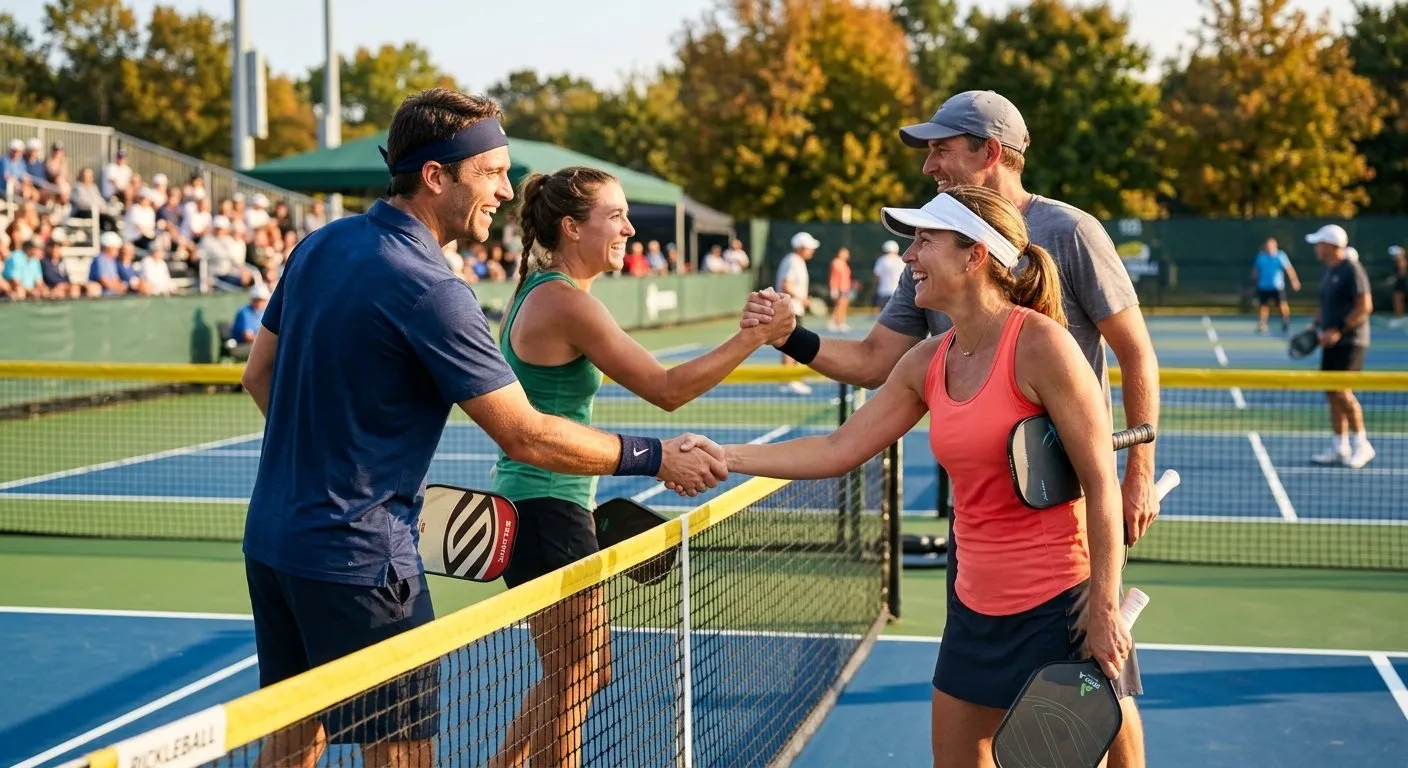 Pickleball players shaking hands after a competitive match