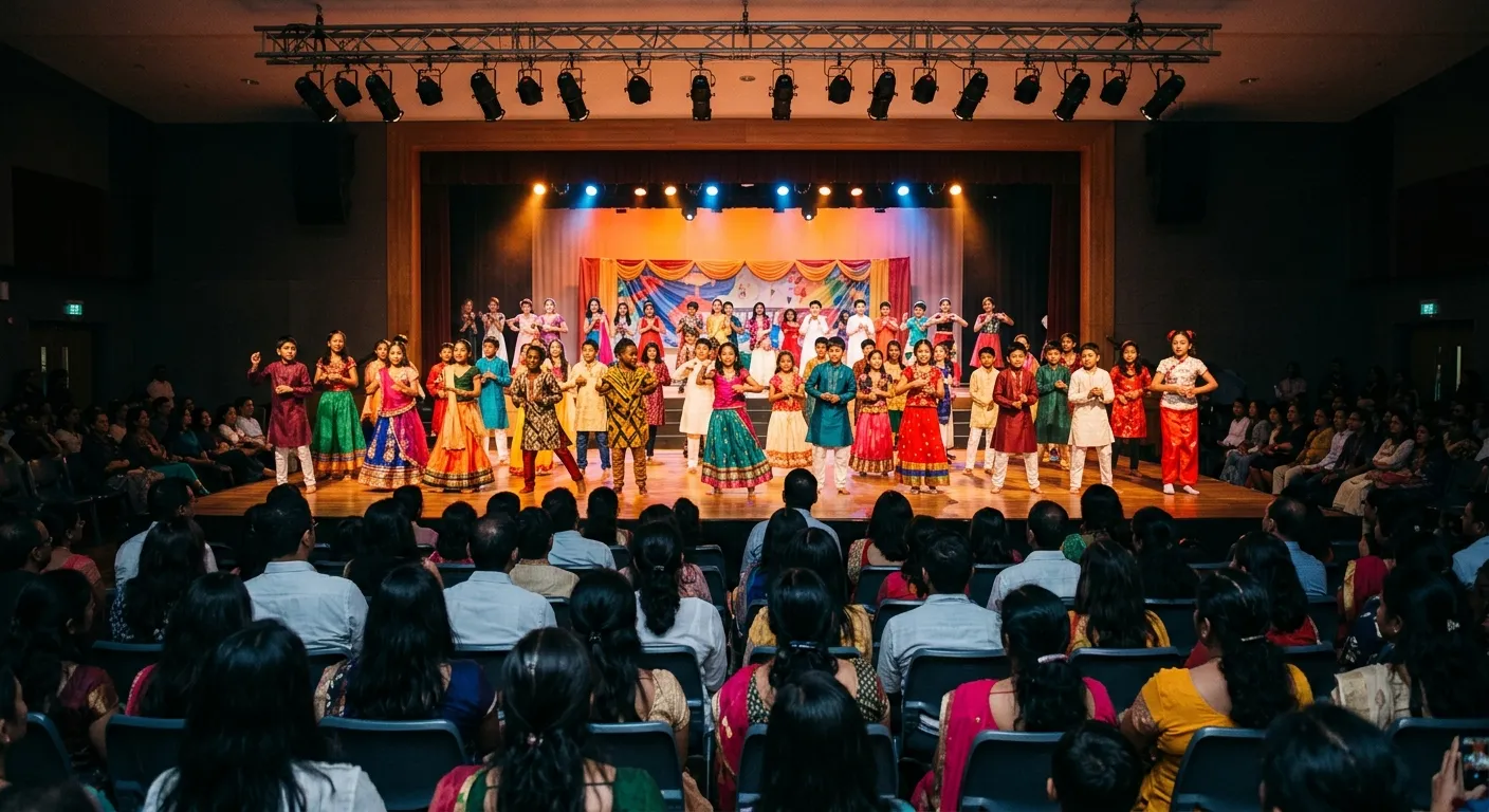 School annual day cultural dance performance viewed from behind the audience with diverse performers on stage