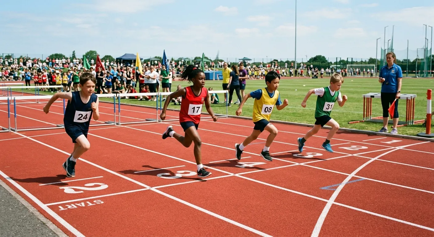 School sports day wide shot of diverse students running a race on an athletics track