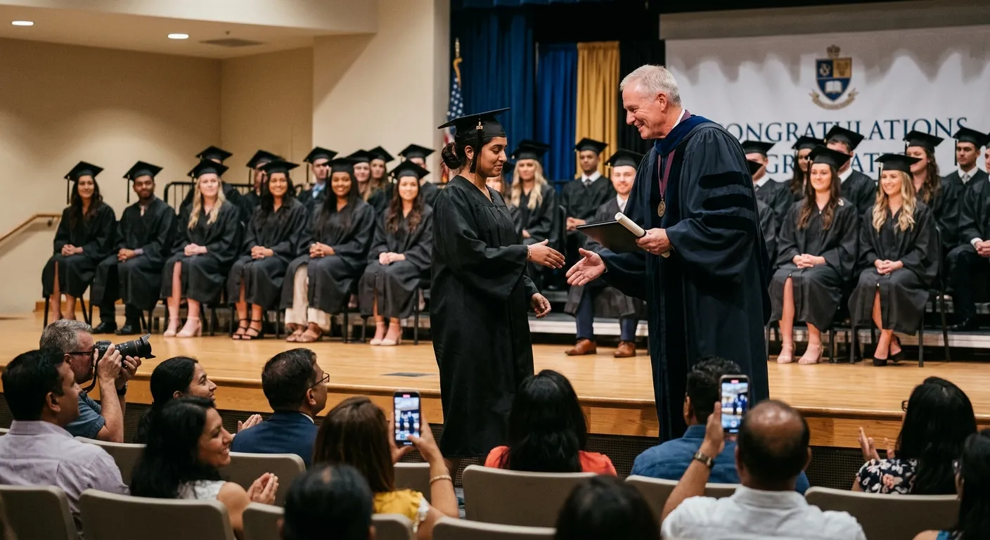 School graduation ceremony with diverse students receiving certificates from principal on stage