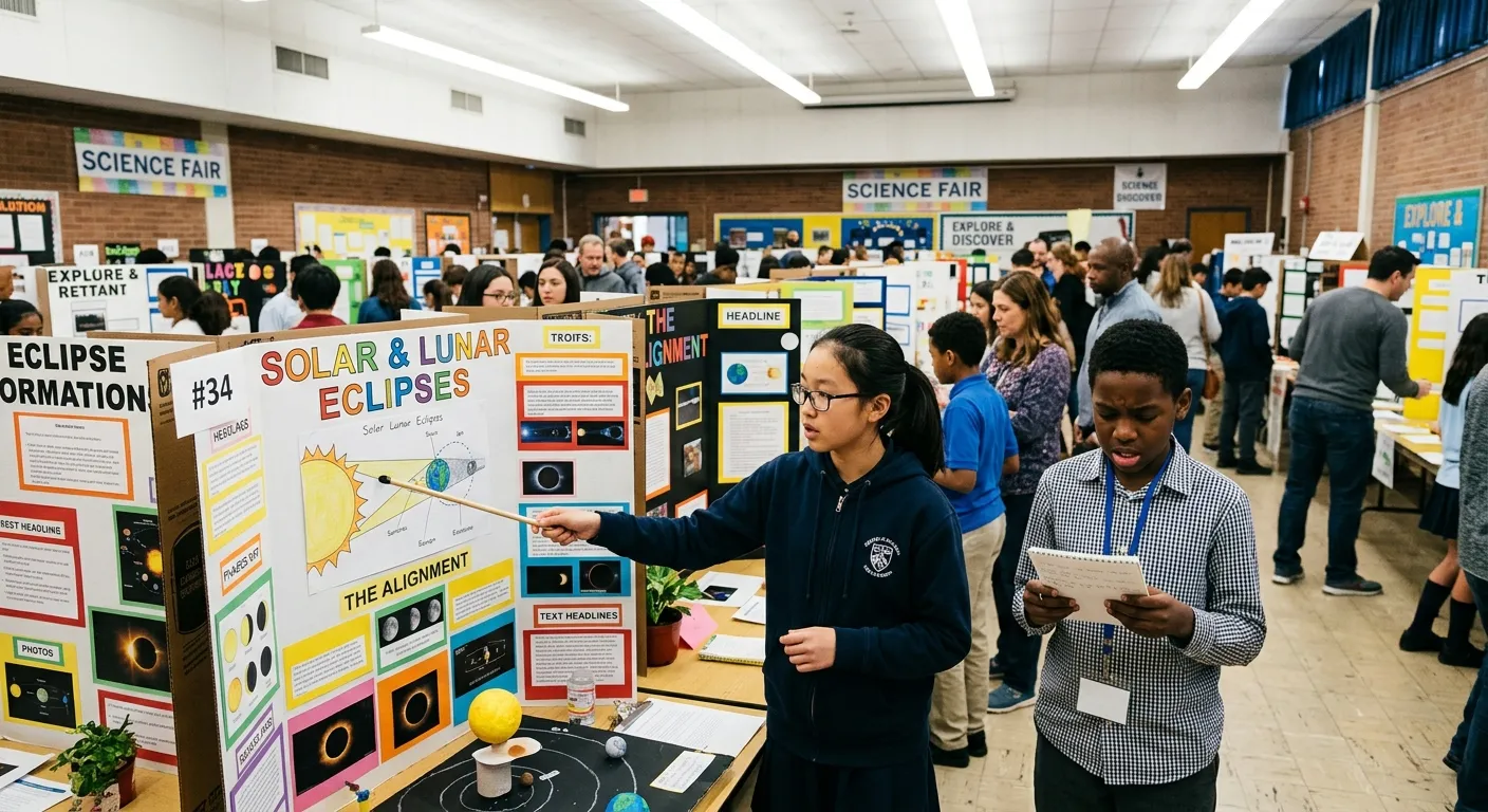 School science fair with diverse students presenting projects to judges in a school hall