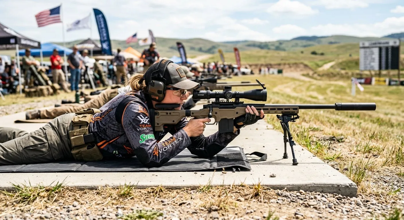 Competitive shooter aiming a rifle at an outdoor shooting range