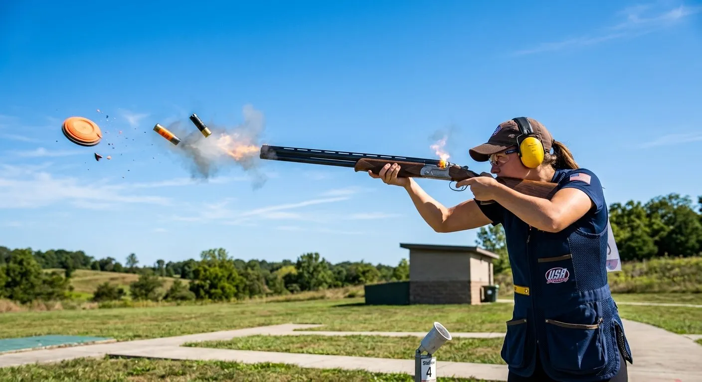 Skeet shooting competitor firing at a clay target in action