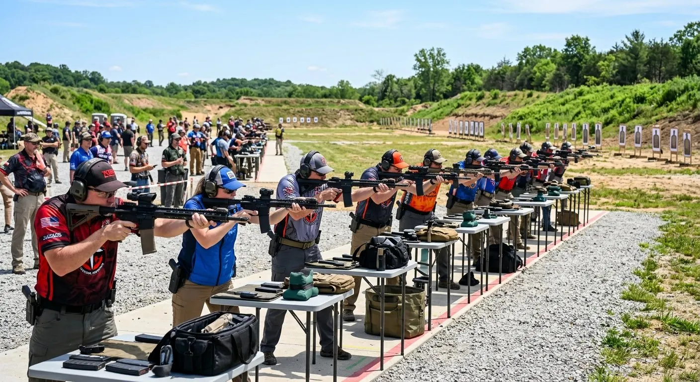 Row of competitive shooters at an organized shooting range event
