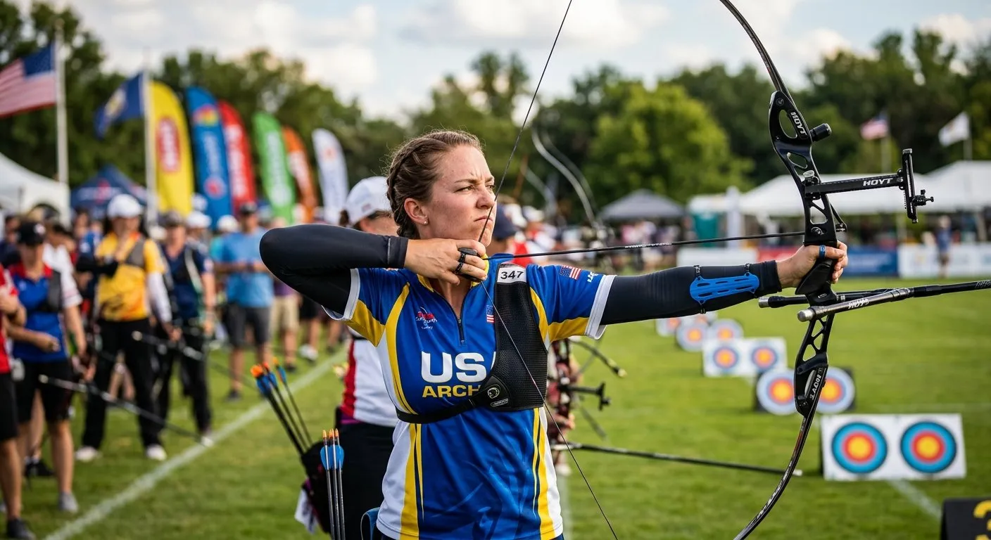 Archery competitor drawing a bow at an outdoor range competition