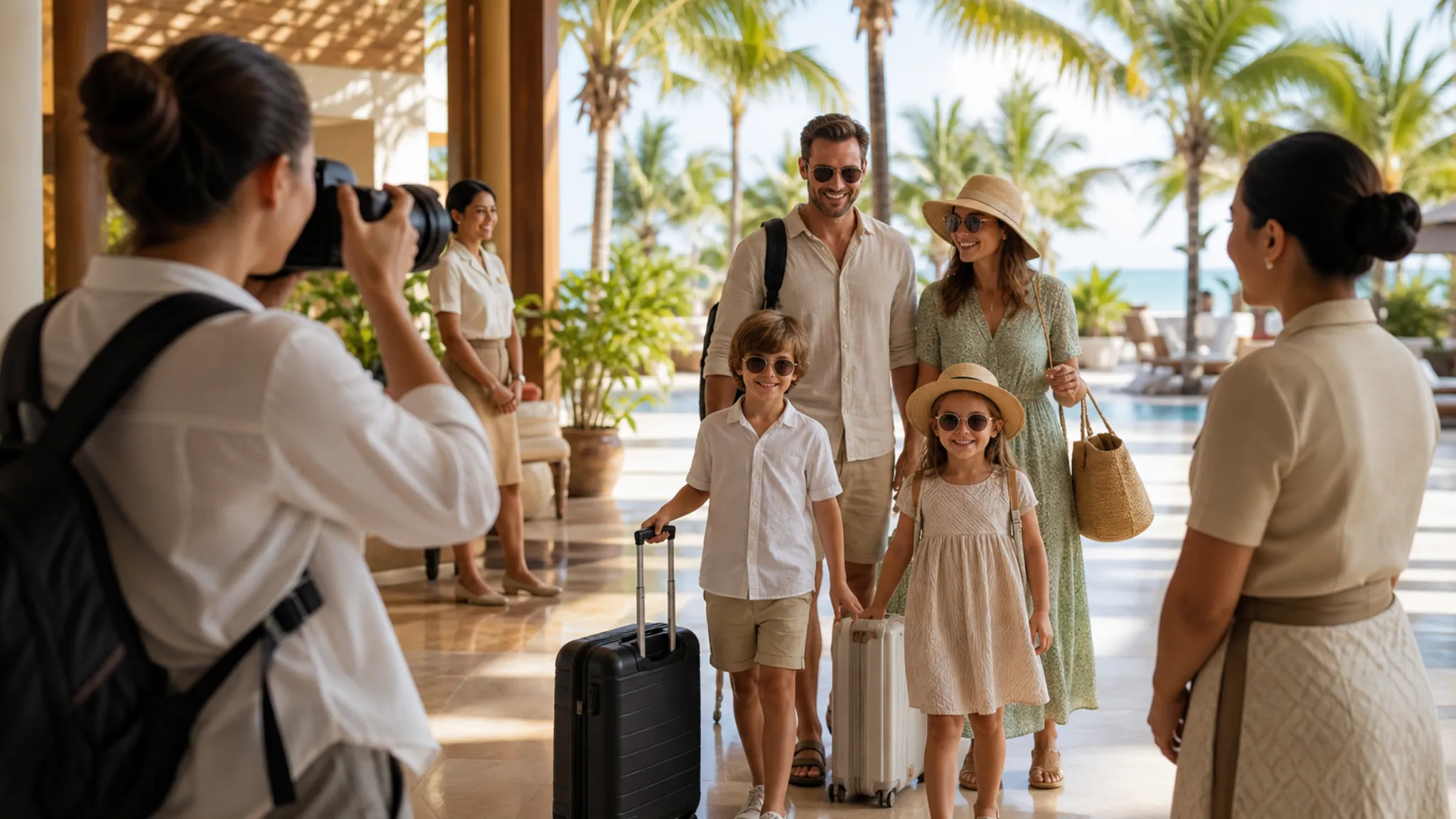 Family arriving at a luxury beach resort while a roaming photographer captures their welcome moment