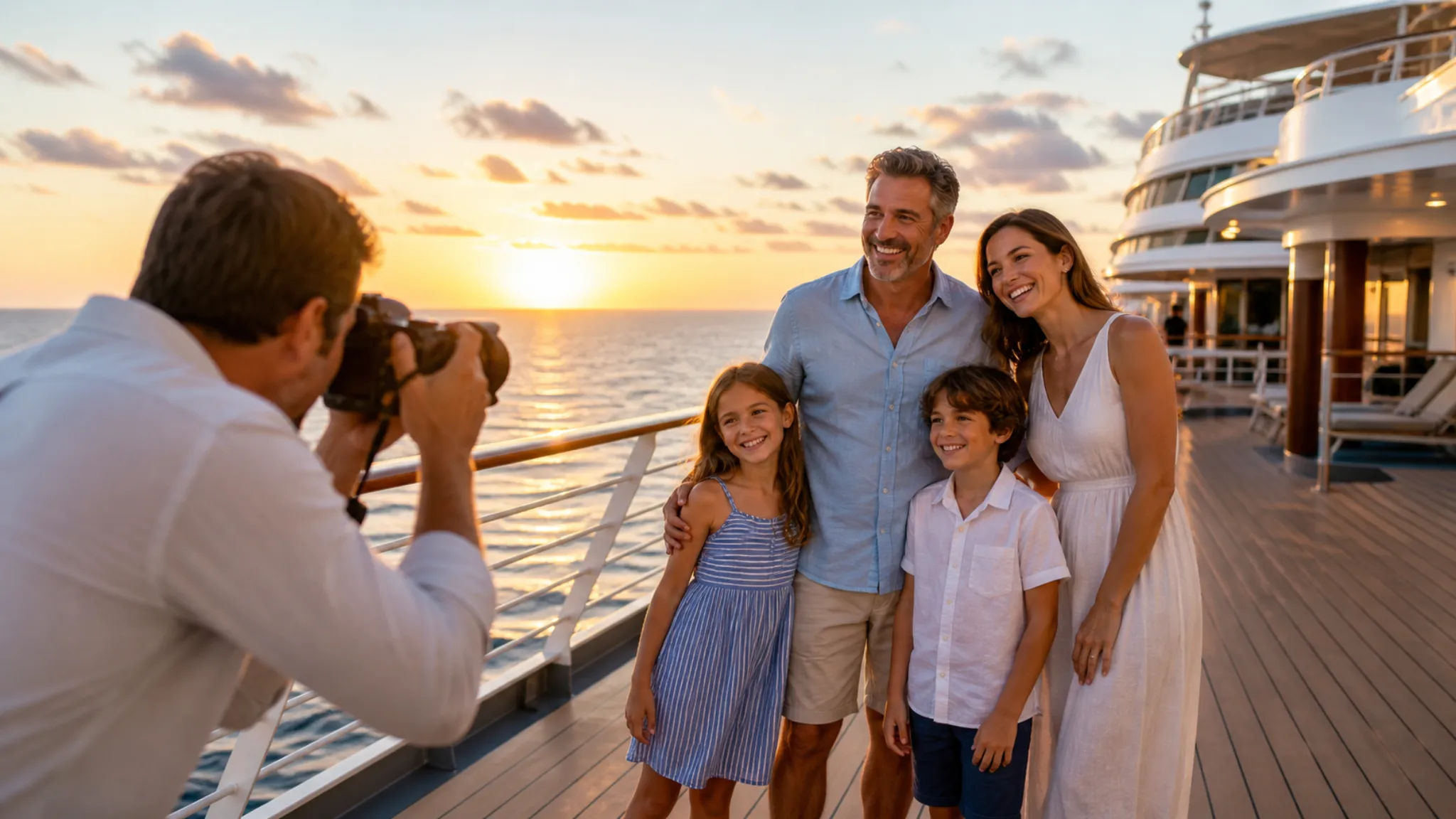Cruise ship guests posing on an open deck at golden hour for vacation photos