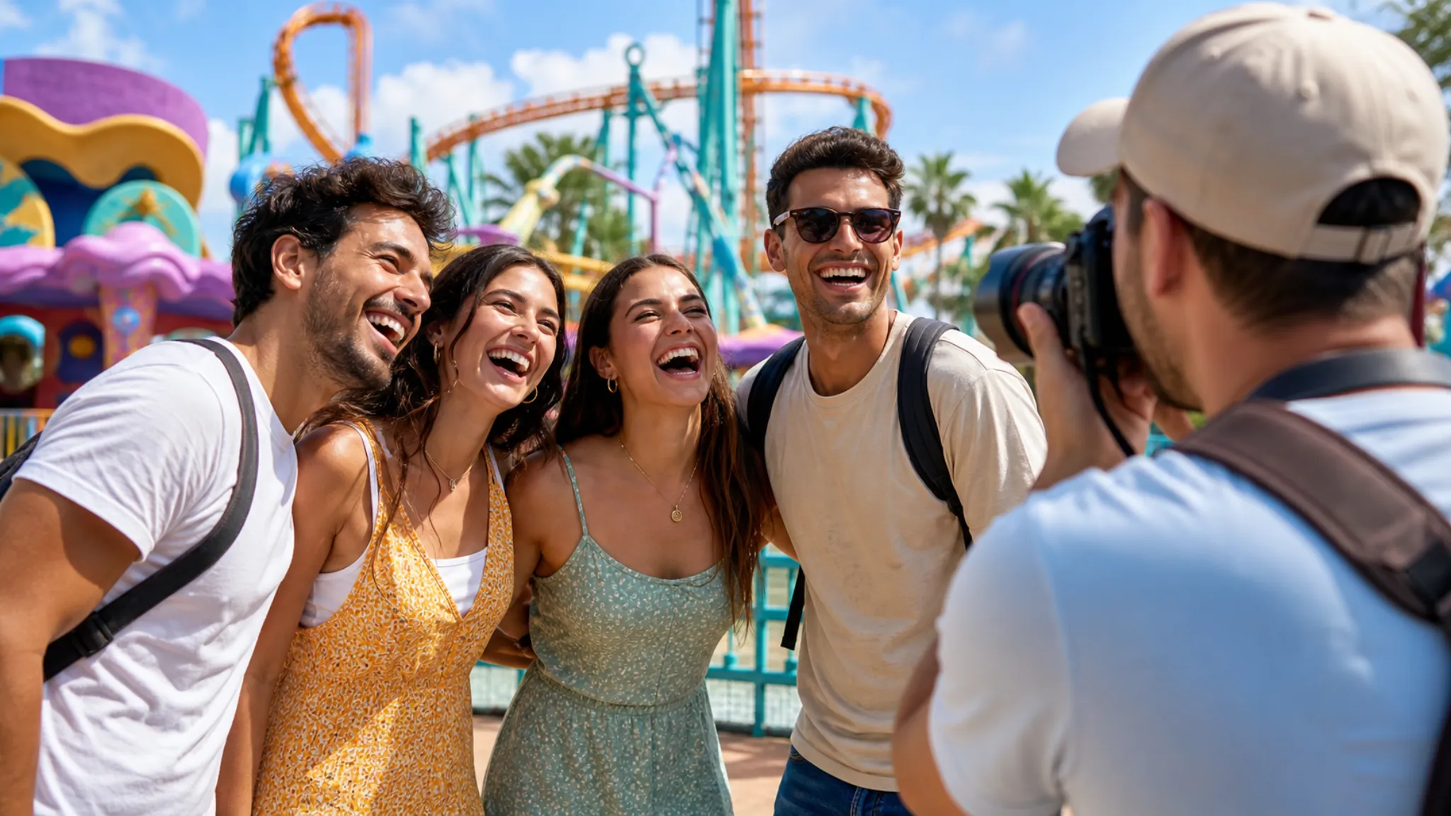 Theme park guests laughing after a ride while a roaming photographer captures candid vacation photos