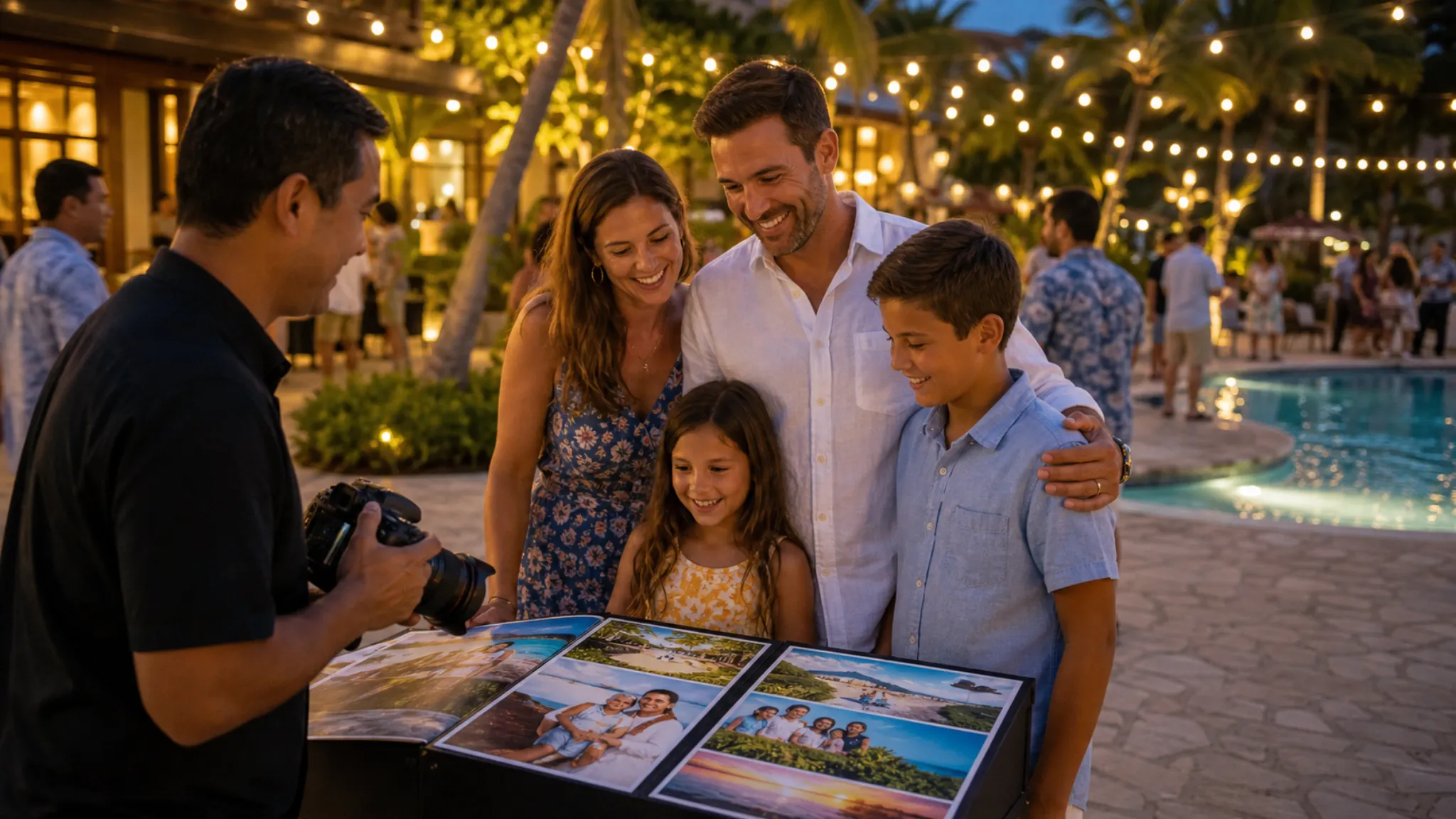 Families choosing vacation photo packages at an evening poolside resort event