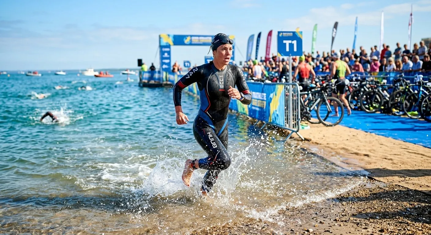 Triathlete emerging from open water swim heading to transition zone