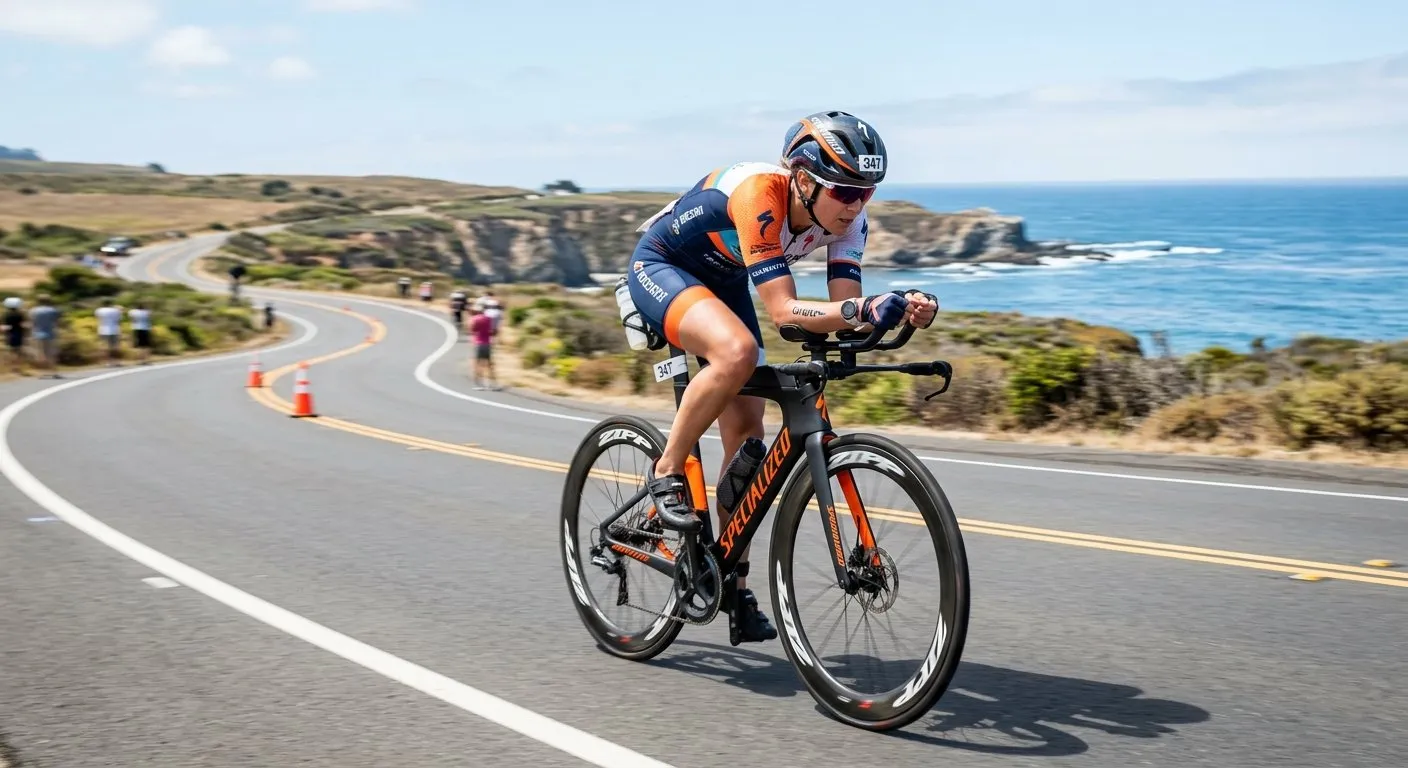Triathlete cycling in aerodynamic position on an open road course