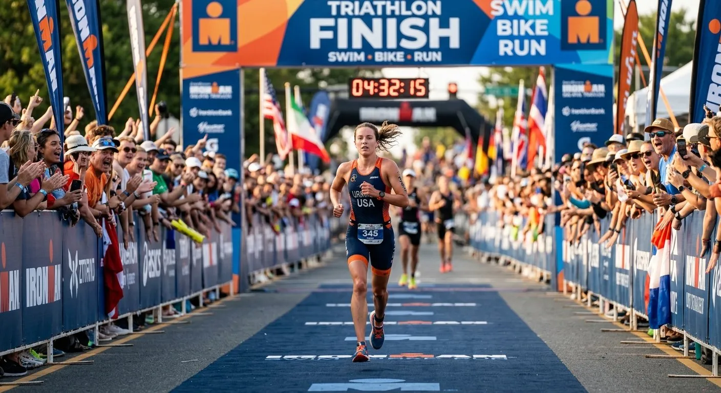 Triathlete running the final leg approaching the finish line