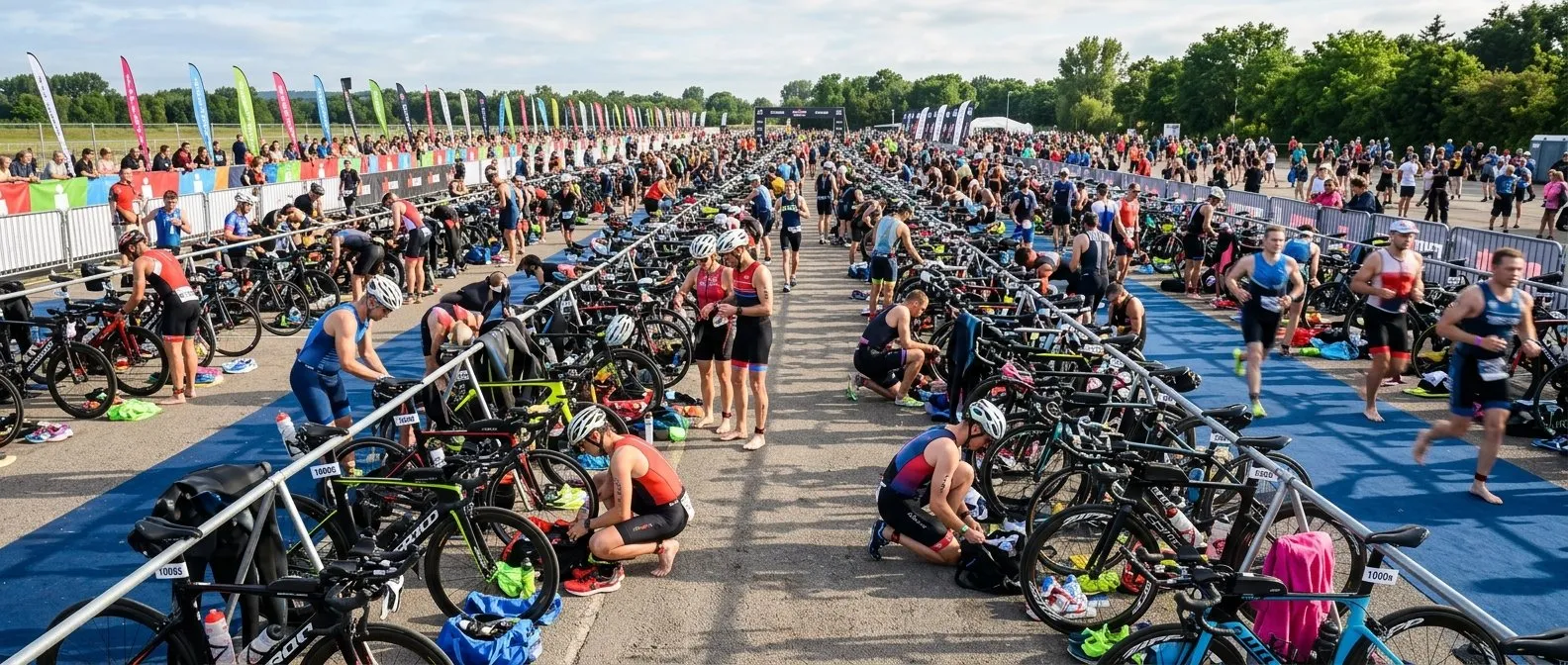 Triathlon transition zone with athletes preparing bikes and gear