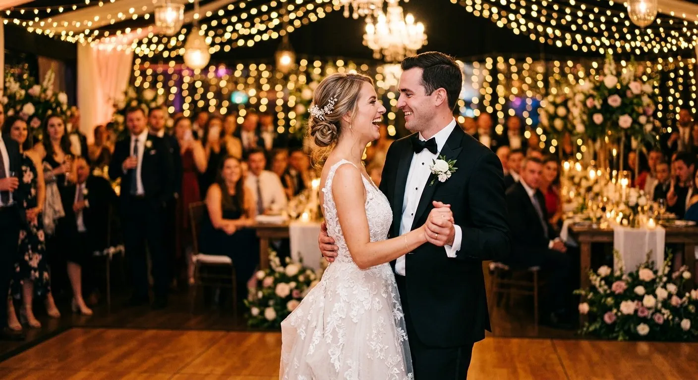Bride and groom sharing their first dance at an elegant wedding reception