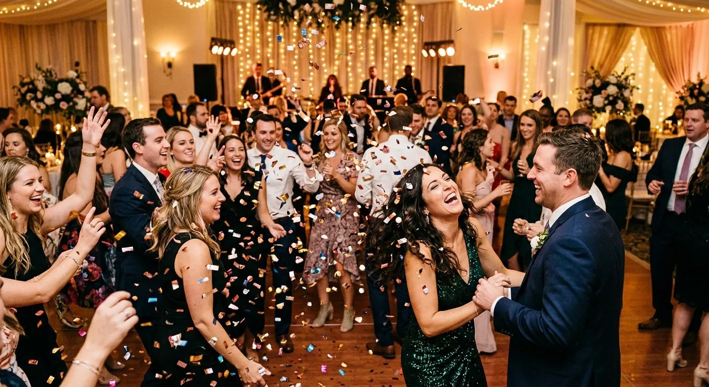 Wedding guests celebrating on the dance floor with confetti