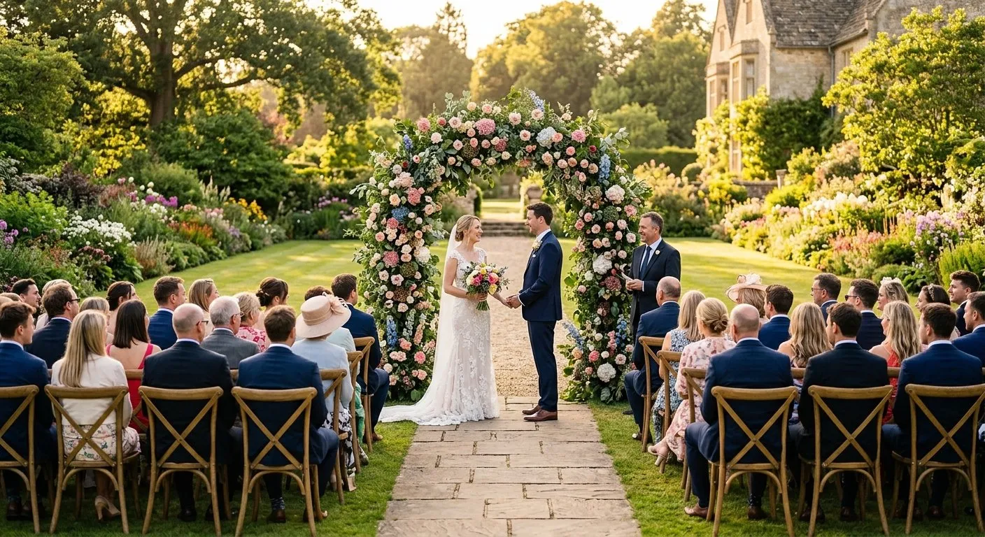 Outdoor wedding ceremony under a floral arch in a garden setting