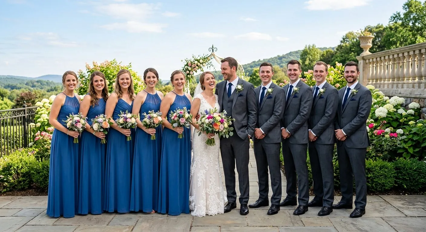 Wedding party group photo with bridesmaids and groomsmen