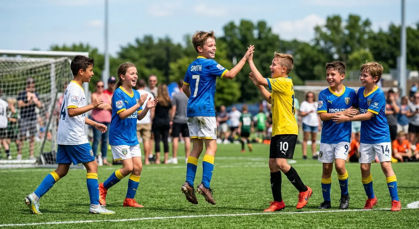 Youth soccer team celebrating a goal with high-fives on the field