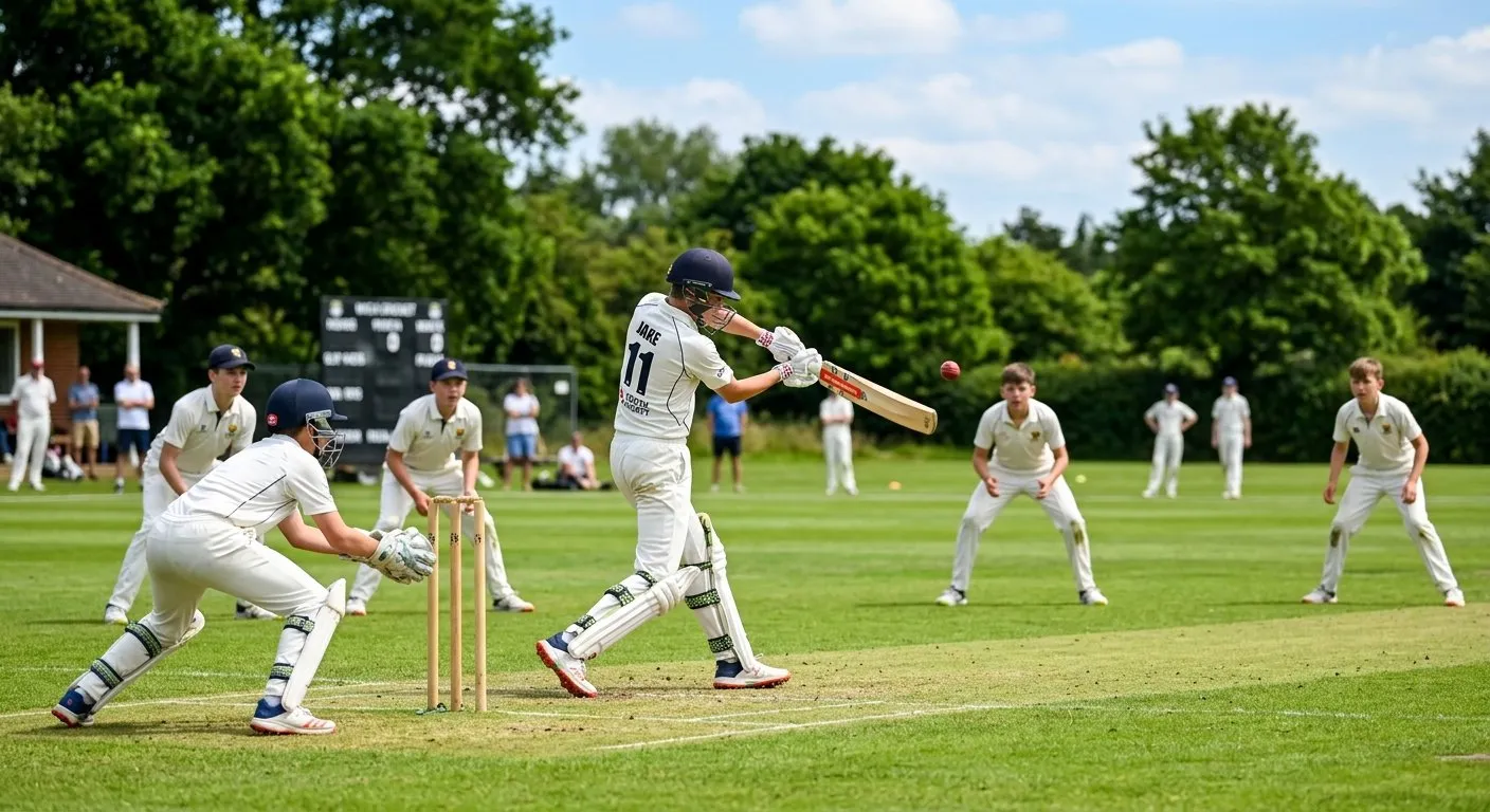 Youth cricket match with a young batsman playing a shot