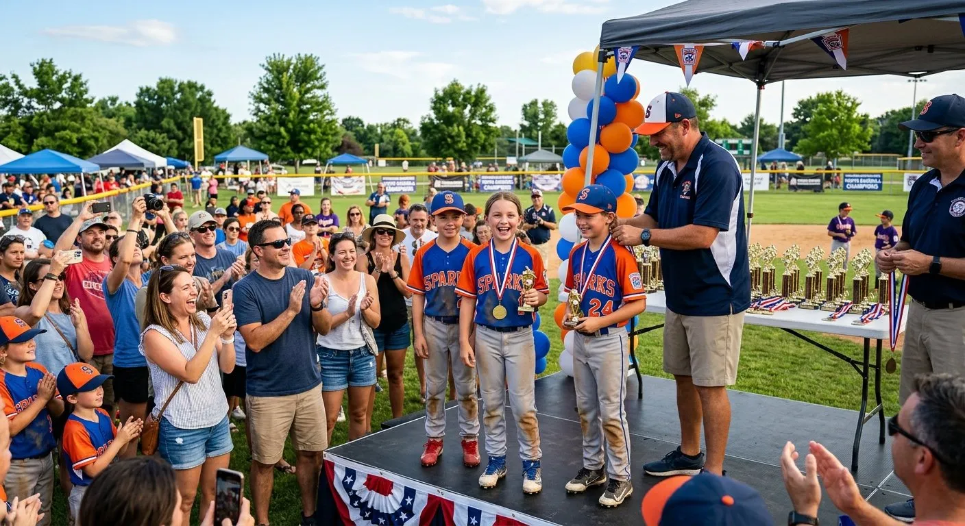 Youth sports league award ceremony with kids receiving medals